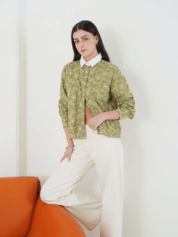 FABLE STREET - Green Cotton Relaxed Fit Floral Full Sleeves Shirt