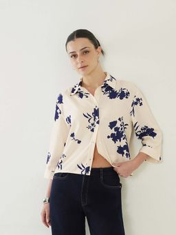 FABLE STREET - Off White Polyester Relaxed Fit Floral Three Fourth Sleeves Shirt