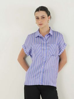 FABLE STREET - Blue Satin Regular Fit Stripes Half Sleeves Shirt