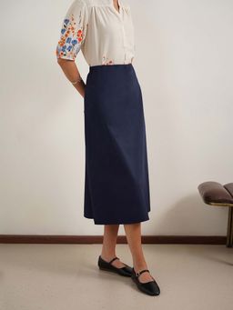 FABLE STREET - Navy Blue Cotton A-Line Fit Solid Midi Skirt