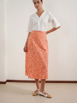 FABLE STREET - Peach Cotton A-Line Fit Printed Midi Skirt