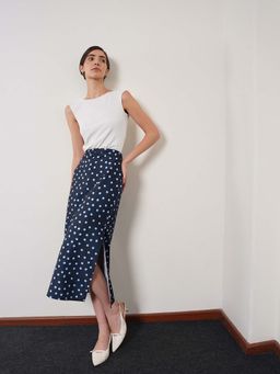 FABLE STREET - Navy Blue Satin Straight Fit Polka Dots Midi Skirt