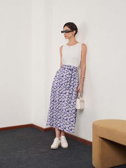 FABLE STREET - Blue Cotton Flared Fit Floral Midi Skirt