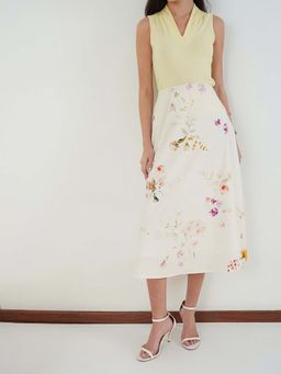 FABLE STREET - White Cotton A-Line Fit Floral Midi Skirt