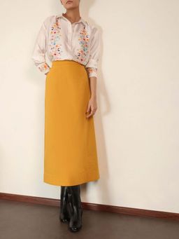 FABLE STREET - Yellow Cotton A-Line Fit Solid Midi Skirt