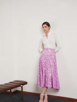 FABLE STREET - Lavender Cotton Flared Fit Floral Midi Skirt