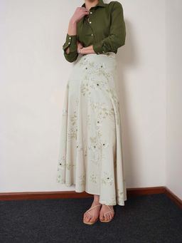 FABLE STREET - Green Cotton Flared Fit Floral Maxi Skirt