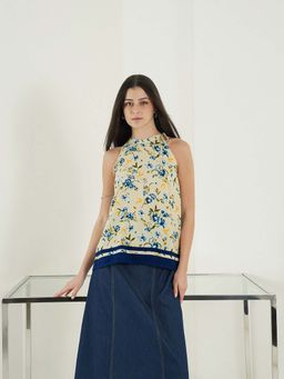 FABLE STREET - Off White Viscose Sleeveless Halter Neck Floral Top