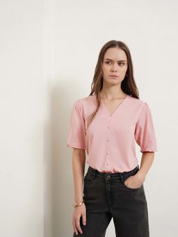 FABLE STREET - Pink Polyester Half Sleeves V-Neck Solid Top