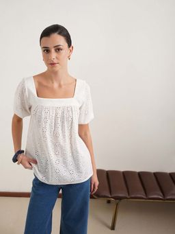 FABLE STREET - White Schiffli Puff Sleeves Square Neck Self Design Top