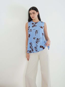 FABLE STREET - Blue Viscose Sleeveless Round Neck Floral Top