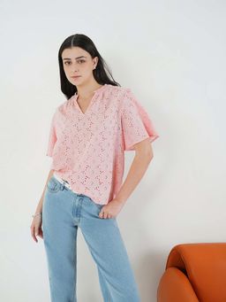 FABLE STREET - Pink Schiffli Half Sleeves V-Neck Self Design Top