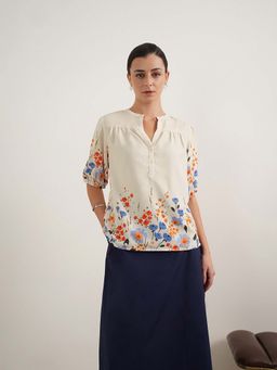 FABLE STREET - Off White Woven Half Sleeves Mandarin Neck Floral Top
