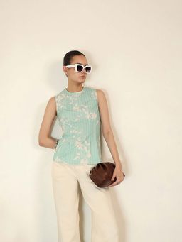 FABLE STREET - Blue Cotton Sleeveless Round Neck Floral Top