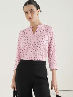 FABLE STREET - Pink Poplin Three Fourth Sleeves Mandarin Neck Polka Dots Top