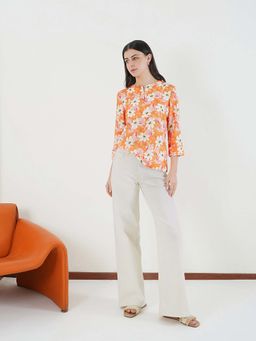 FABLE STREET - Peach Woven Three Fourth Sleeves Mandarin Neck Floral Top