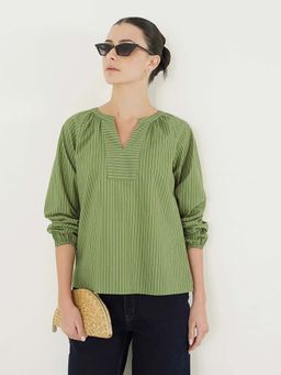 FABLE STREET - Green Cotton Full Sleeves V-Neck Stripes Top
