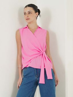 FABLE STREET - Pink Cotton Sleeveless Collar Neck Solid Top