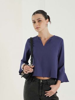 FABLE STREET - Blue Woven Three Fourth Sleeves V-Neck Solid Top