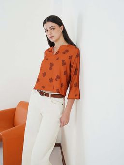 FABLE STREET - Rust Woven Three Fourth Sleeves V-Neck Floral Top