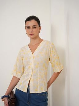 FABLE STREET - Cream Cotton Half Sleeves V-Neck Floral Top