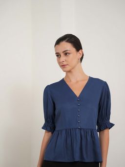 FABLE STREET - Blue Viscose Rayon Puff Sleeves V-Neck Solid Top