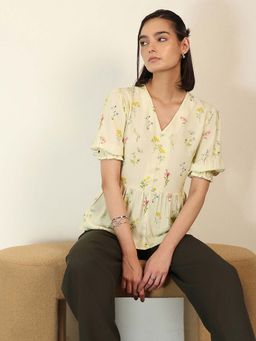 FABLE STREET - Yellow Viscose Rayon Puff Sleeves V-Neck Floral Top