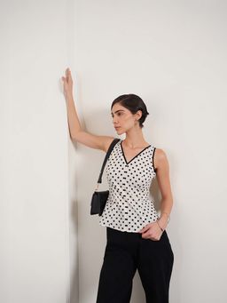 FABLE STREET - Off White Cotton Sleeveless V-Neck Polka Dots Top
