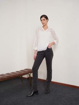 FABLE STREET - Off White Lace Full Sleeves V-Neck Self Design Top