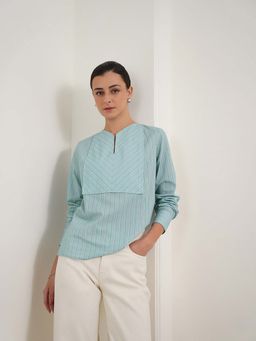 FABLE STREET - Blue Cotton Full Sleeves V-Neck Stripes Top