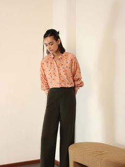 FABLE STREET - Peach Viscose Full Sleeves Mandarin Neck Floral Shirt