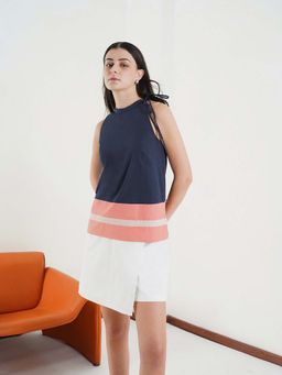 FABLE STREET - Navy Blue Cotton Sleeveless High Neck Colorblock Top