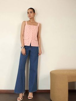 FABLE STREET - Pink Schiffli Sleeveless Square Neck Self Design Top