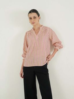 FABLE STREET - Rust Woven Full Sleeves Mandarin Stripes Top