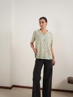 FABLE STREET - Off White Viscose Half Sleeves Collar Neck Polka Dots Top