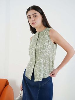 FABLE STREET - Green Cotton Sleeveless Crew Neck Floral Top