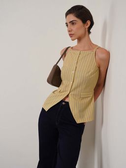 FABLE STREET - Yellow Cotton Sleeveless Square Neck Stripes Top