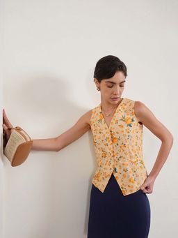 FABLE STREET - Mustard Cotton Sleeveless V-Neck Floral Top