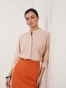 FABLE STREET - Beige Cotton Three Fourth Sleeves Mandarin Neck Solid Top