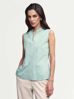 RAREISM - Green Cotton Embroidered Sleeveless Mandarin Neck Top