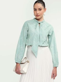RAREISM - Green Cotton Embroidered Full Sleeves Tie Up Neck Top