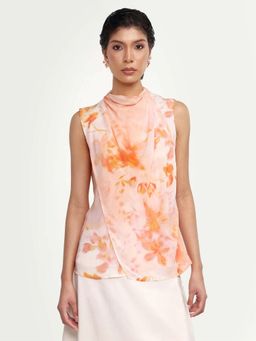 RAREISM - Peach Viscose Floral Sleeveless High Neck Top