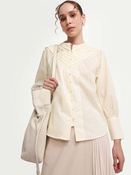 RAREISM - Beige Cotton Solid Full Sleeves Crew Neck Top