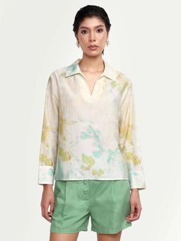 RAREISM - Green Viscose Blend Self Design Full Sleeves Collar Neck Top