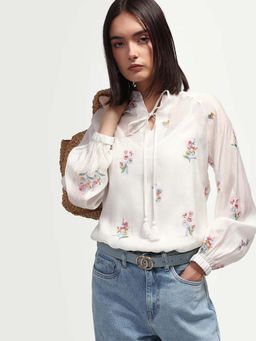 RAREISM - Off White Viscose Blend Floral Full Sleeves Mandarin Neck Top