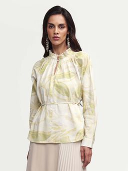 RAREISM - Green Cotton Abstract Full Sleeves Ruffled Neck Top