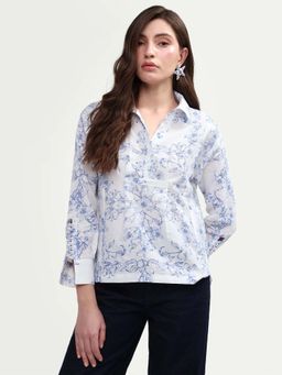 RAREISM - Off White Cotton Blend Floral Full Sleeves Collar Neck Top