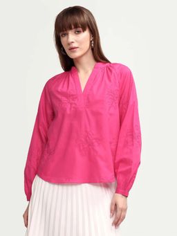 RAREISM - Pink Cotton Blend Embroidered Full Sleeves Mandarin Neck Top