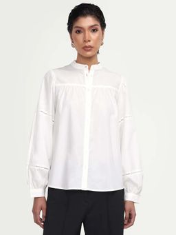 RAREISM - Off White Cotton Blend Self Design Full Sleeves Mandarin Neck Shirt