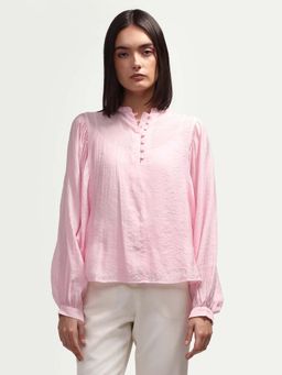 RAREISM - Pink Viscose Textured Full Sleeves Mandarin Neck Top